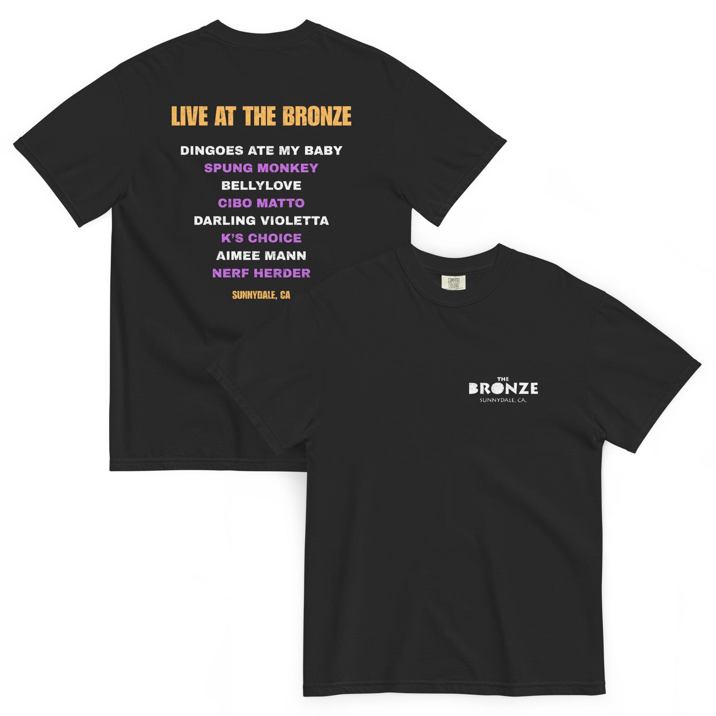 Front and back view of black t-shirt showing small front logo ‘The Bronze’ and large back design reading ‘Live at The Bronze.’