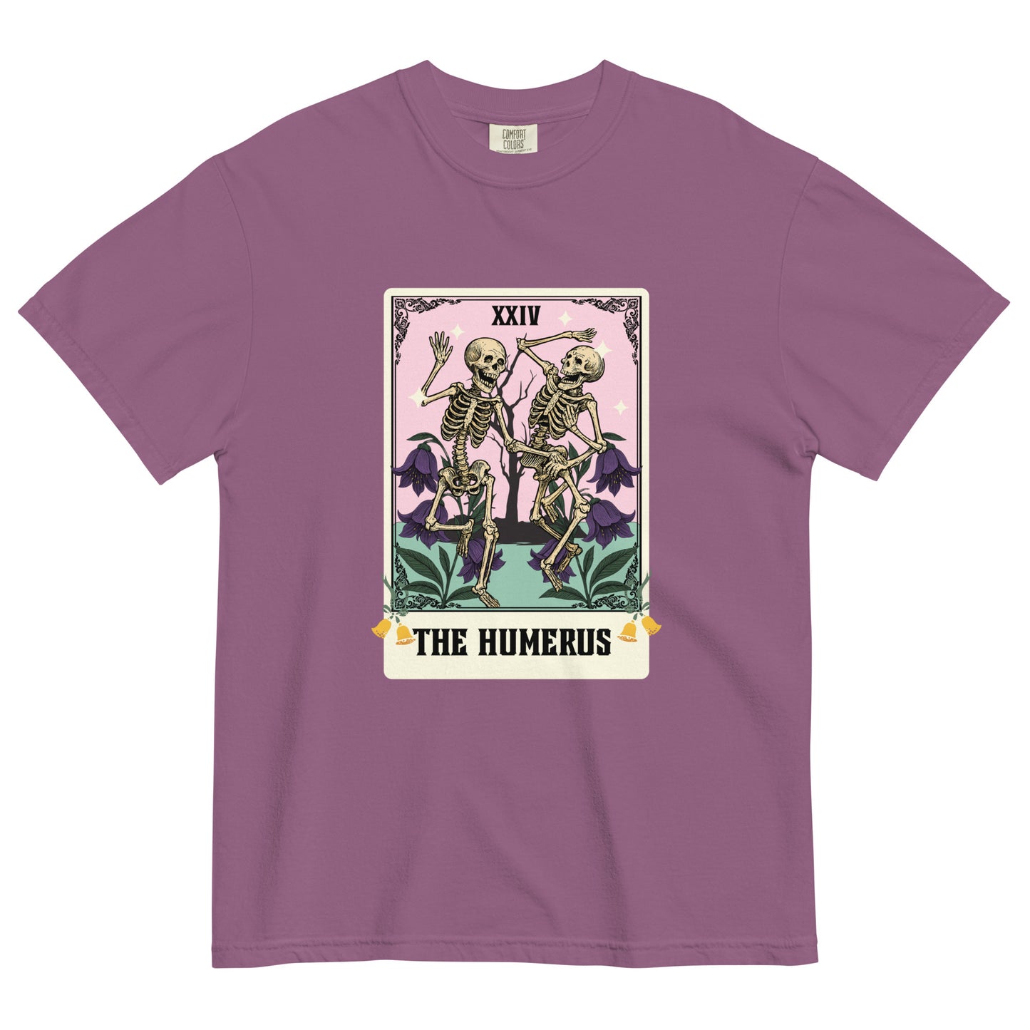 Berry “The Humerus” t-shirt with vintage tarot-inspired skeleton illustration, soft pastel tones, and gothic humor aesthetic.