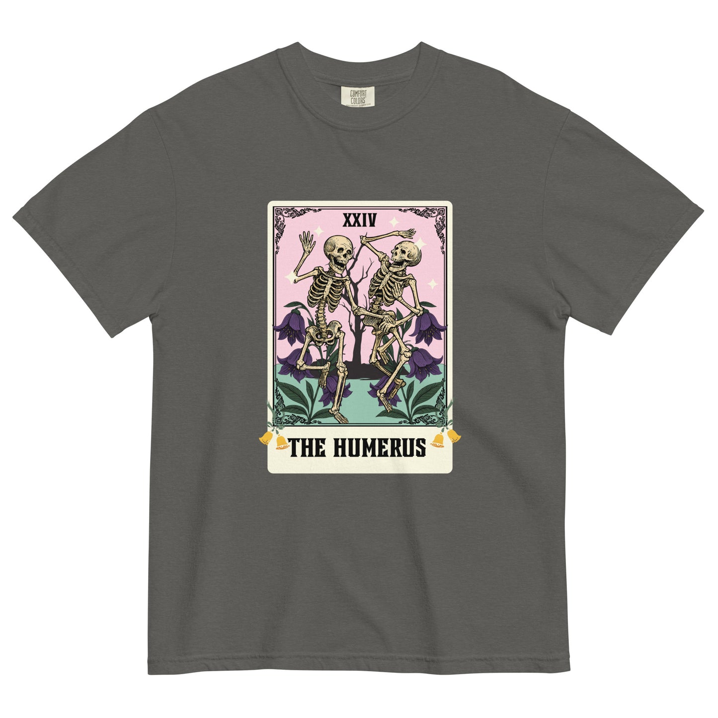 Pepper “The Humerus” t-shirt featuring tarot card-style design with skeletons and botanical accents, a moody mystical tee with a clever bone pun.
