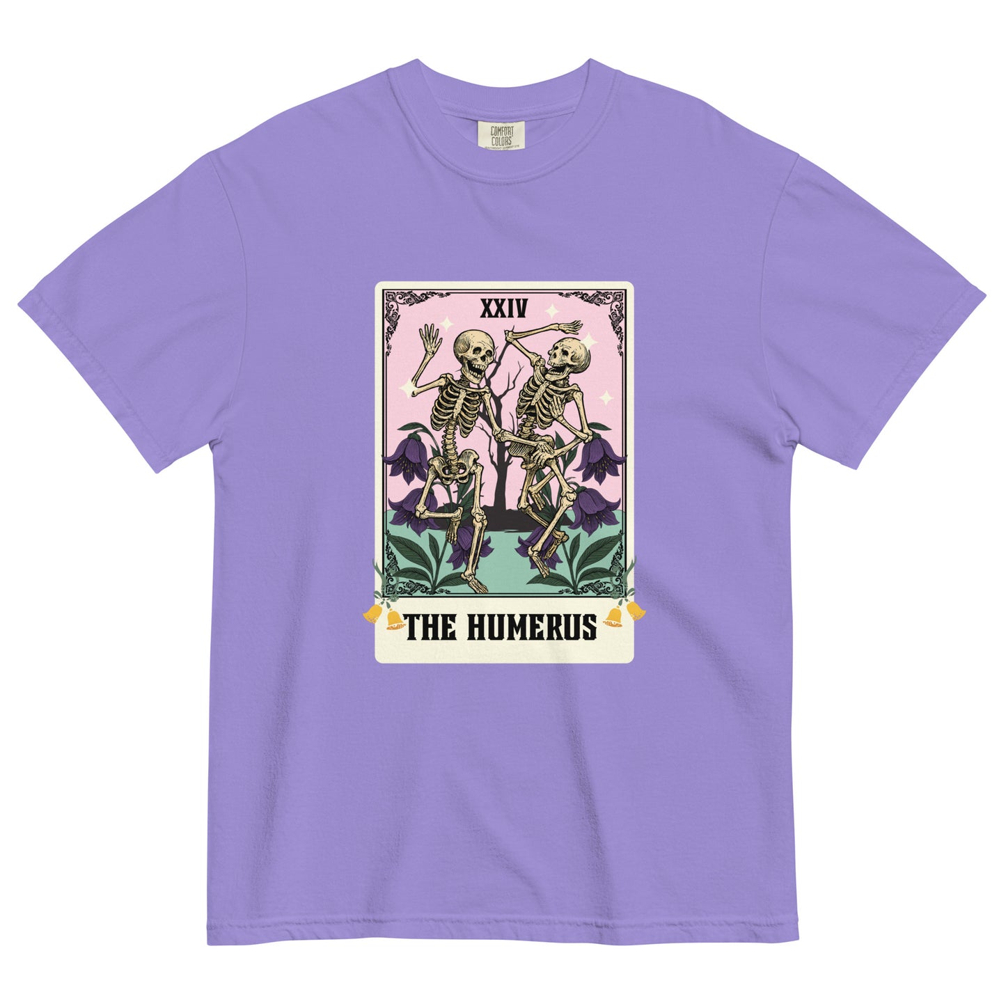 Violet “The Humerus” t-shirt featuring two skeletons in a floral tarot scene, a lighthearted mystical design with witchy and vintage flair.