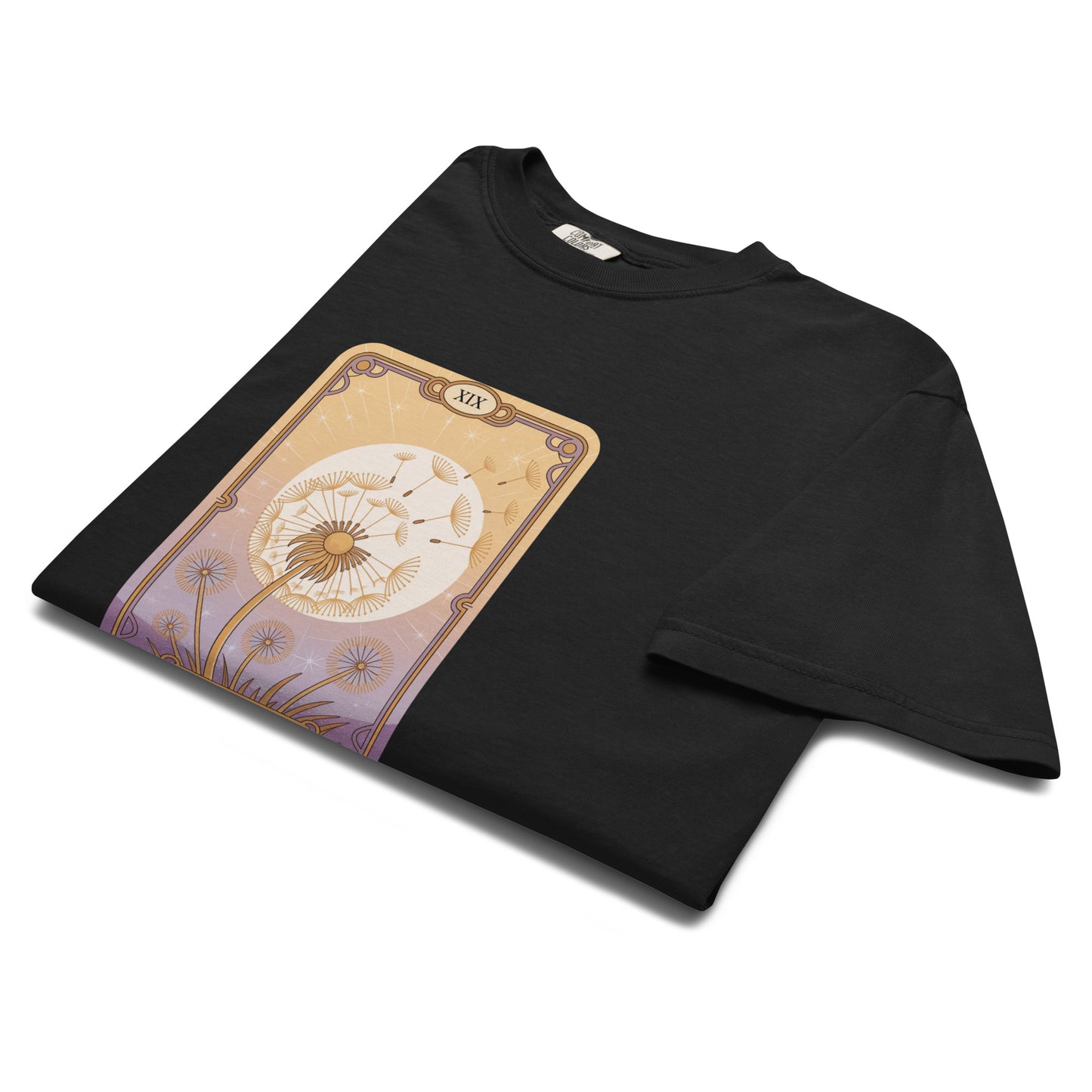 Folded black “The Sun” t-shirt flat lay showing vintage tarot illustration with floral and celestial elements, perfect for lovers of mystical or gothic fashion.
