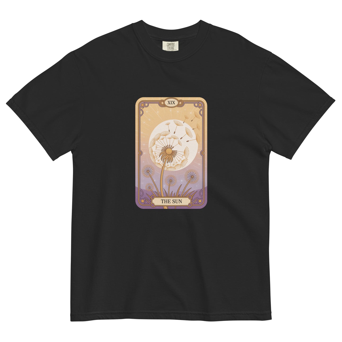 Black t-shirt lay flat featuring “The Sun” tarot card design with a radiant floral motif in warm gold and lavender tones, a mystical and vintage-inspired tee.