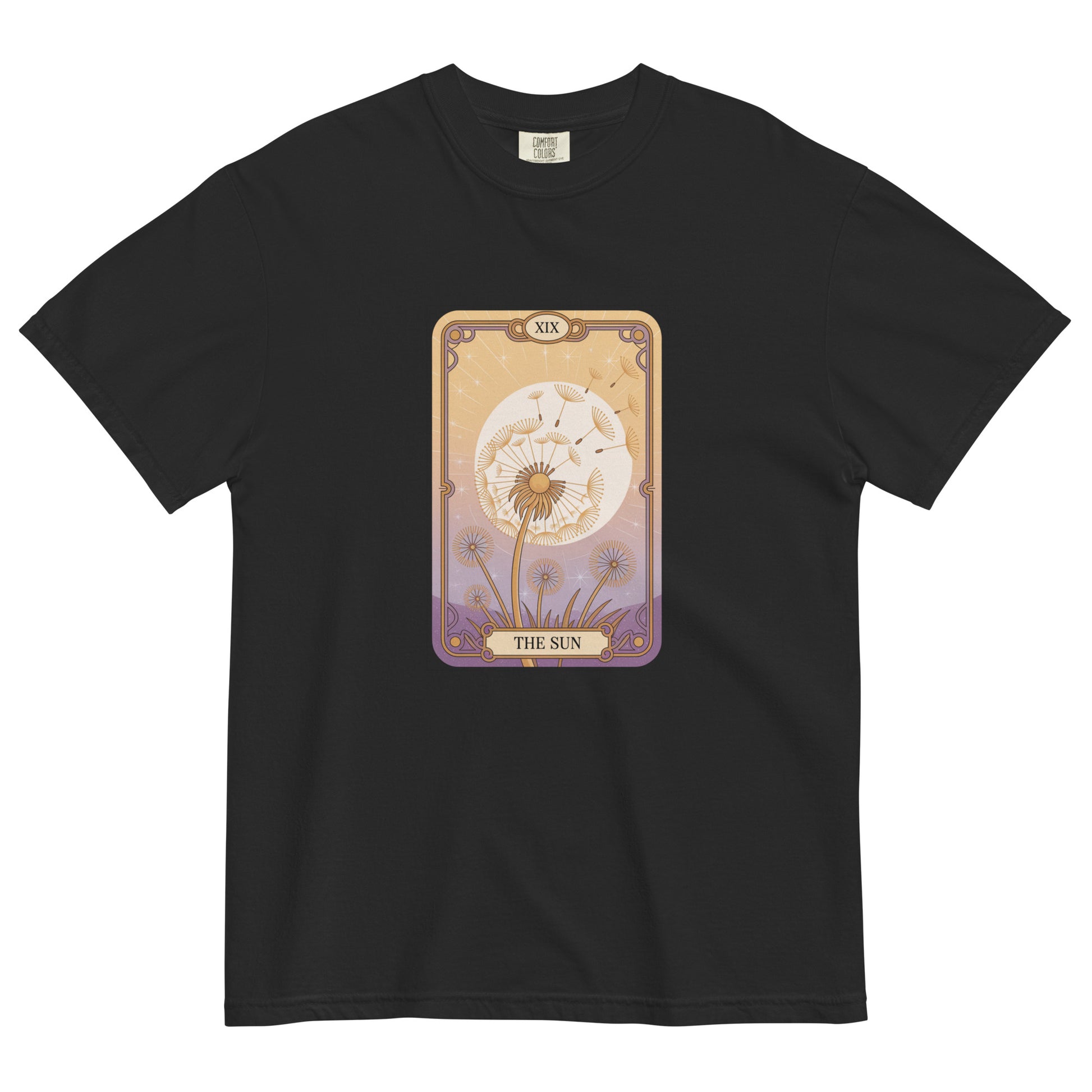 Black t-shirt lay flat featuring “The Sun” tarot card design with a radiant floral motif in warm gold and lavender tones, a mystical and vintage-inspired tee.