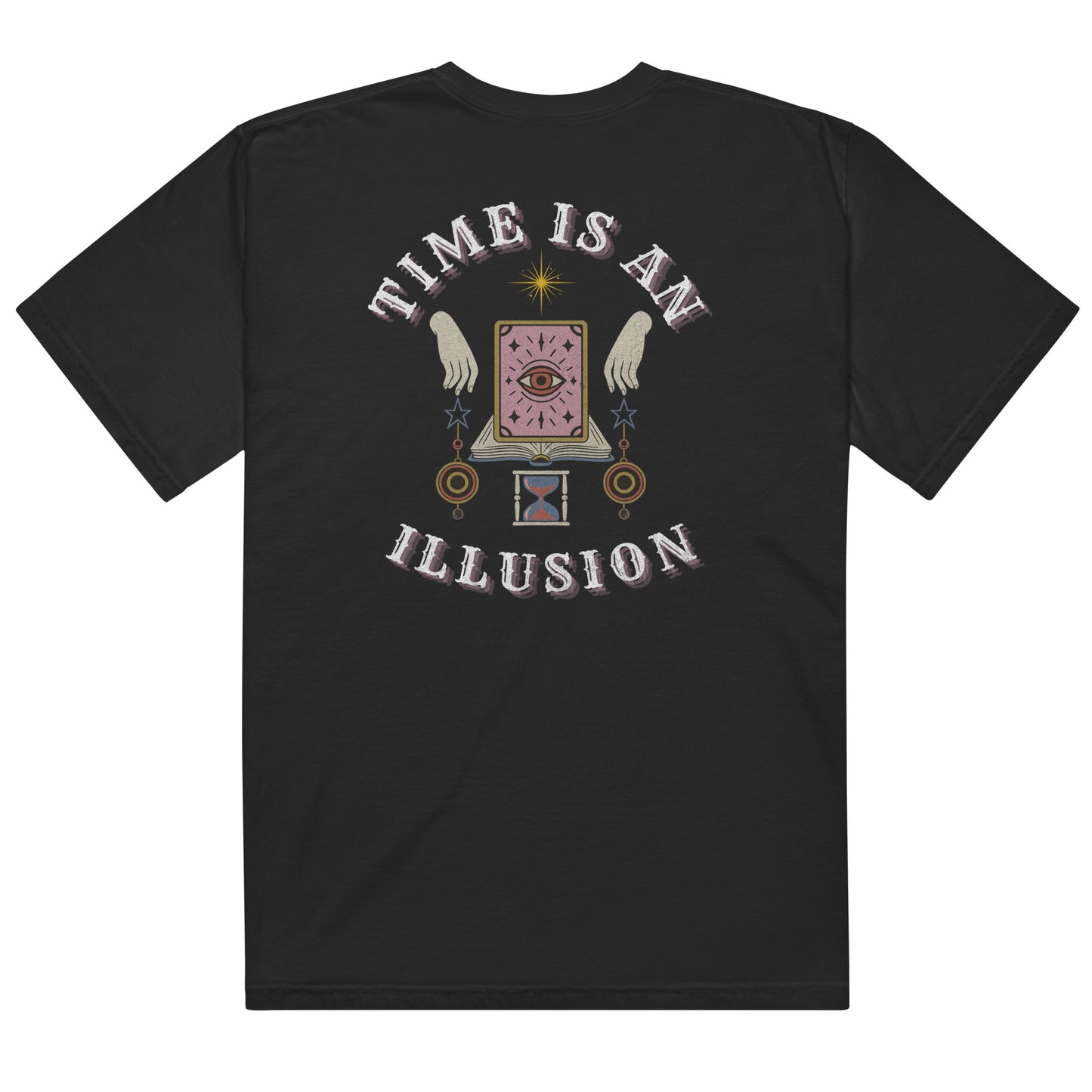 Back of black t-shirt with mystical clock and eye design reading “Time Is an Illusion,” a surreal vintage-style graphic for cosmic dreamers.