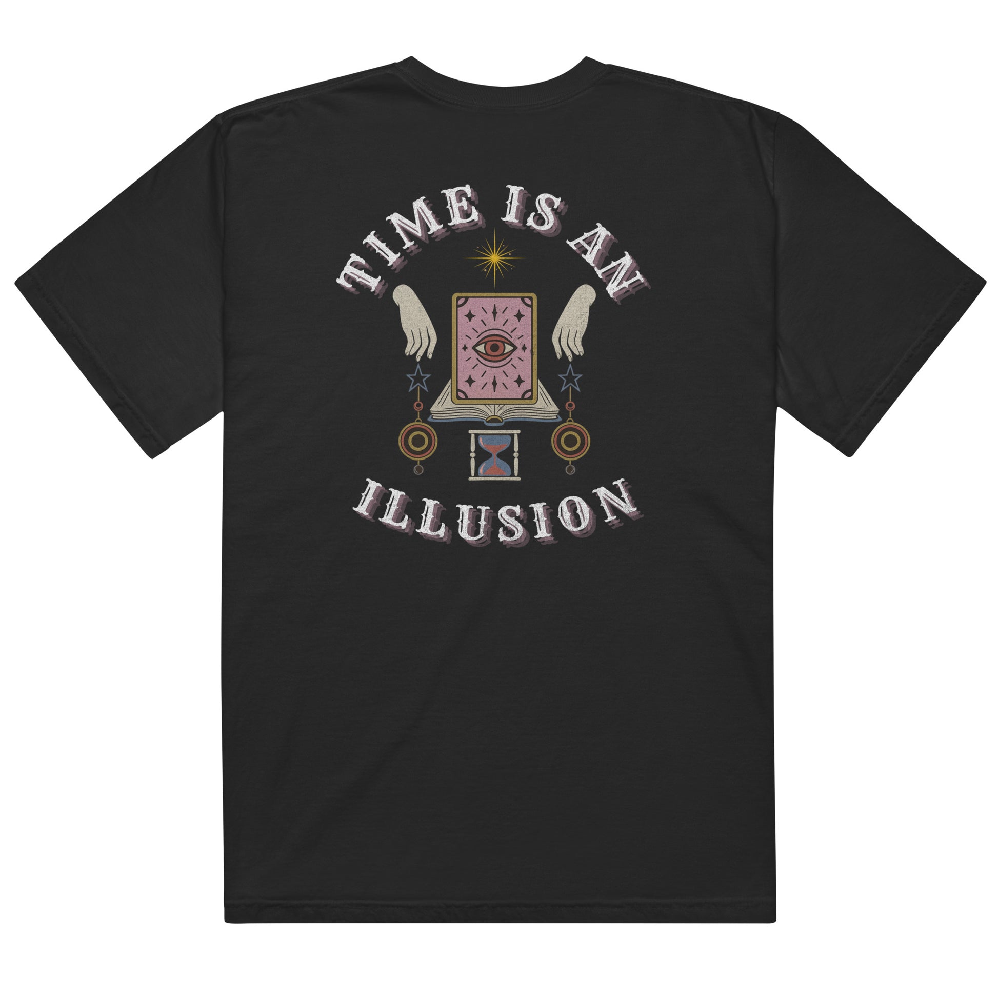 Back of black t-shirt with mystical clock and eye design reading “Time Is an Illusion,” a surreal vintage-style graphic for cosmic dreamers.