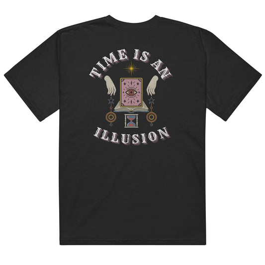 Back of black t-shirt with mystical clock and eye design reading “Time Is an Illusion,” a surreal vintage-style graphic for cosmic dreamers.