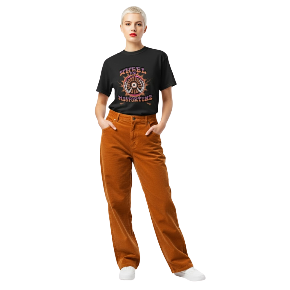 Model wearing black “Wheel of Misfortune” t-shirt with purple and orange mystical wheel design, styled for a gothic or witchy streetwear look.