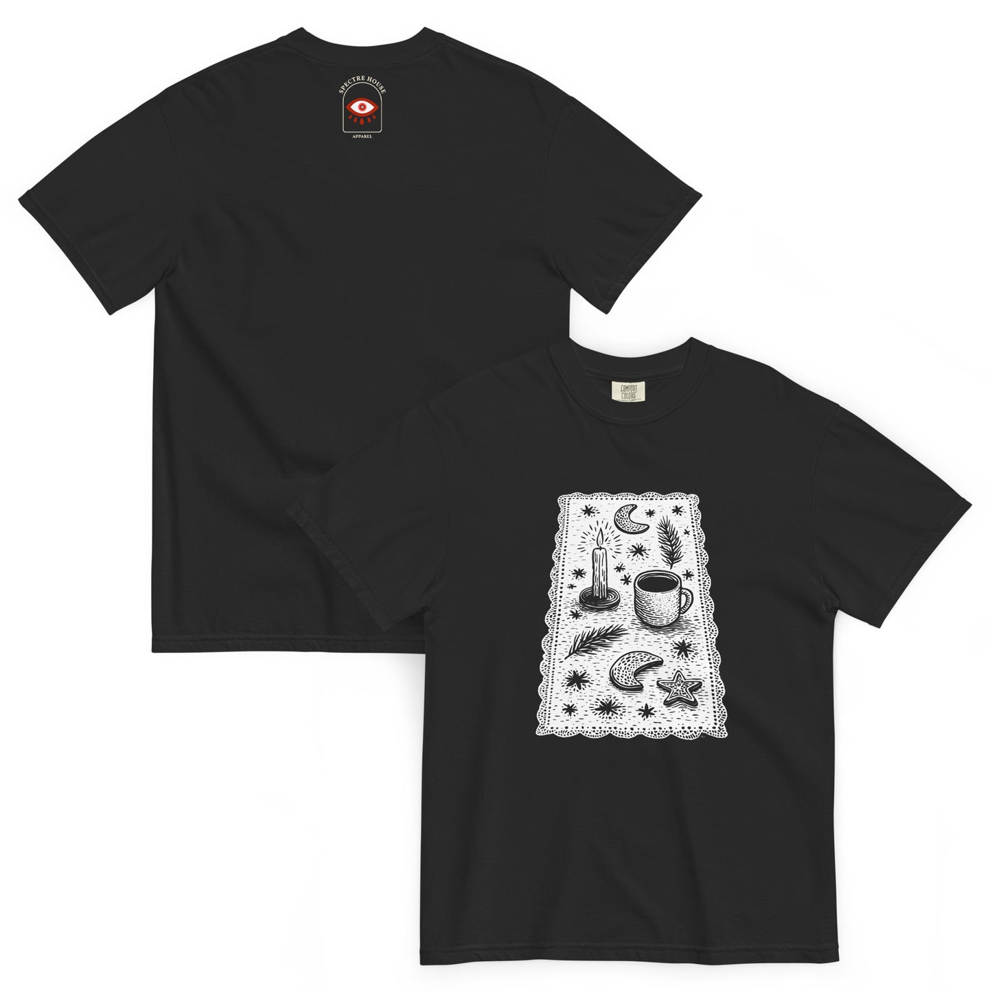 Front and back lay-flat display of black witchy coffee and stars T-shirt, showcasing premium Comfort Colors fabric and print placement.