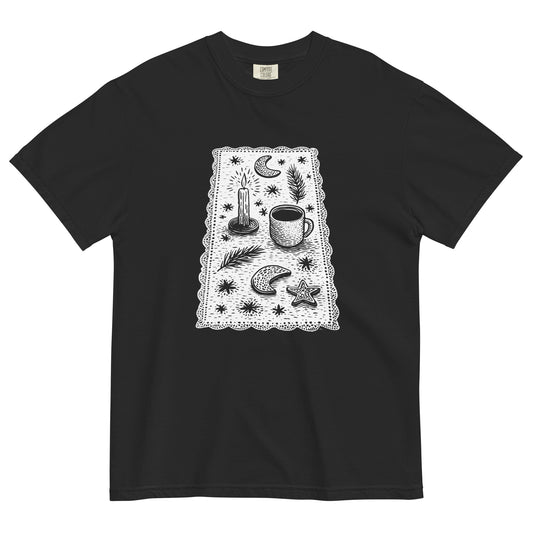 Black Comfort Colors T-shirt with mystical coffee, moon, and stars illustration, shown lay flat on white background.