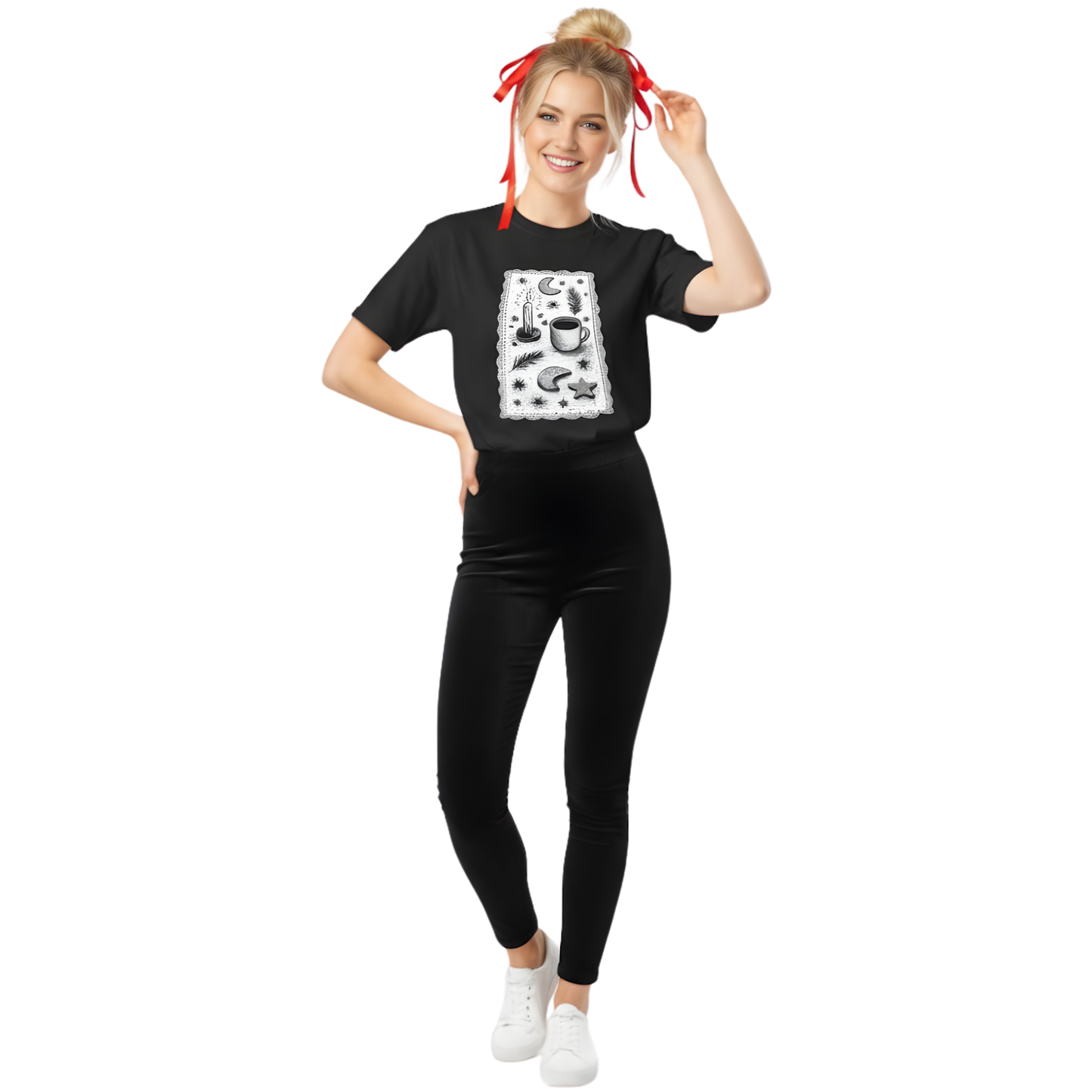 Woman wearing black witchy coffee and stars graphic tee styled with leggings, showing relaxed unisex fit.