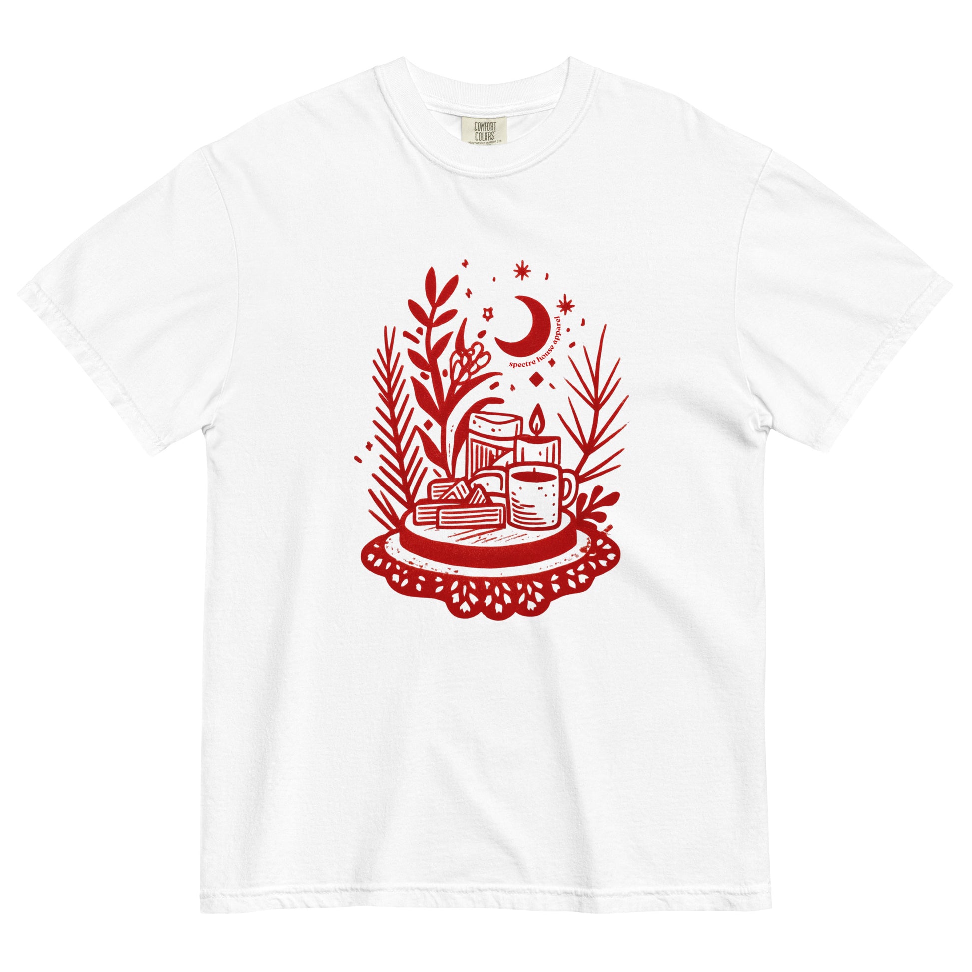 White Comfort Colors T-shirt with red witchy tea time design featuring teacup, moon, and herbs, shown lay flat on white background.