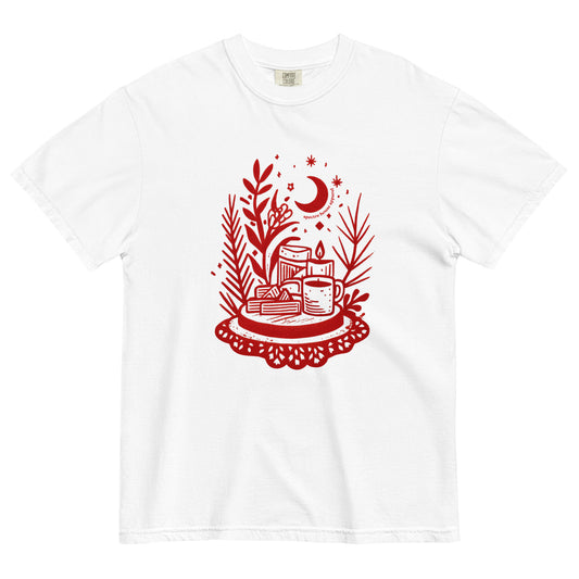 White Comfort Colors T-shirt with red witchy tea time design featuring teacup, moon, and herbs, shown lay flat on white background.